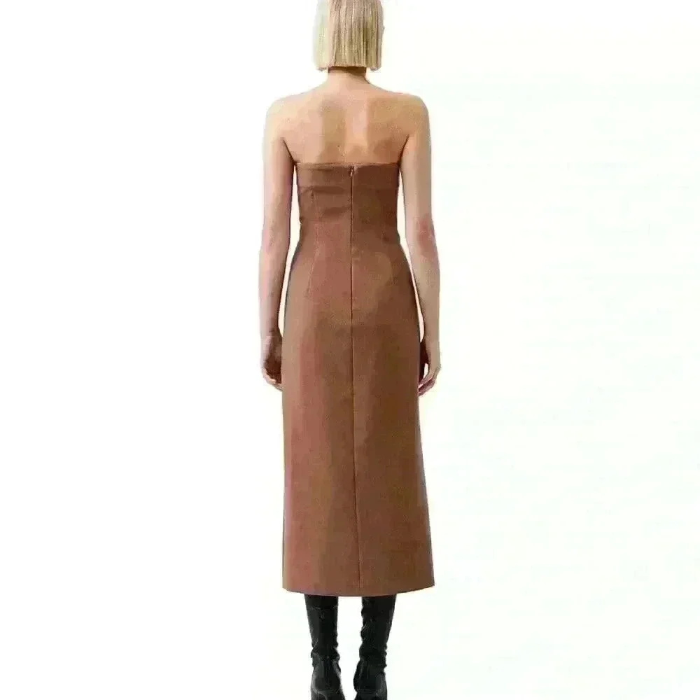 NEW! French Connection Azra Twill Strapless Neck Sleeveless Button Midi Dress - Picture 3 of 9